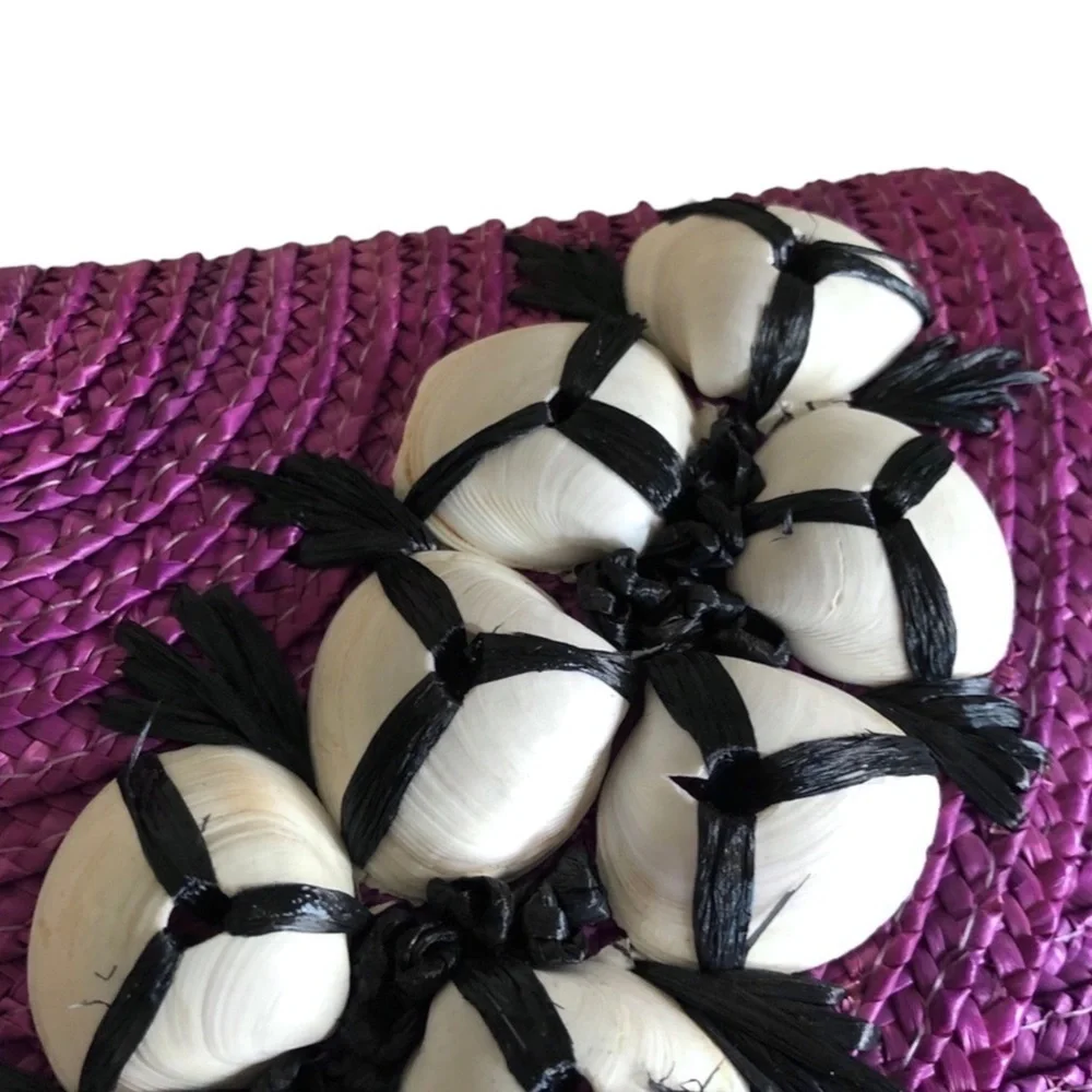 Felix Rey NY Fuchsia Straw Clutch Purse Seashell Embellished Boho Beach Bag